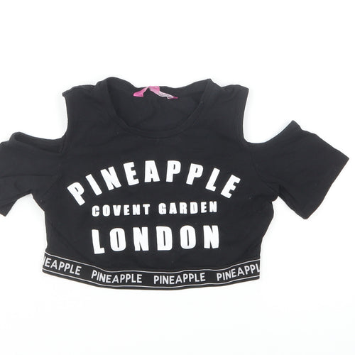 Pineapple Girls Black Cotton Cropped T-Shirt Size 8-9 Years Round Neck Pullover - Cold Shoulder