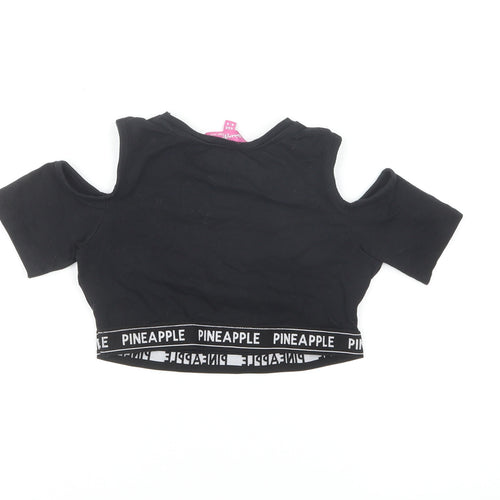 Pineapple Girls Black Cotton Cropped T-Shirt Size 8-9 Years Round Neck Pullover - Cold Shoulder