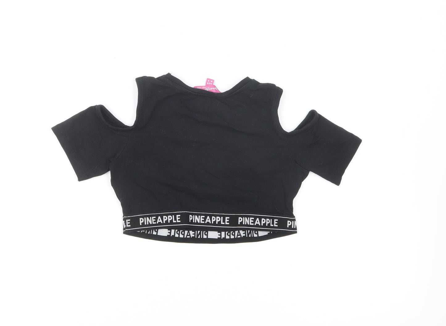 Pineapple Girls Black Cotton Cropped T-Shirt Size 8-9 Years Round Neck Pullover - Cold Shoulder