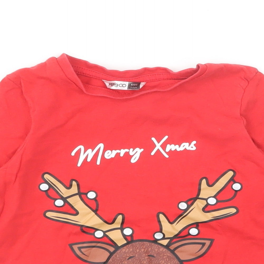 Pep&Co Boys Red Cotton Basic T-Shirt Size 3-4 Years Round Neck Pullover - Merry Xmas