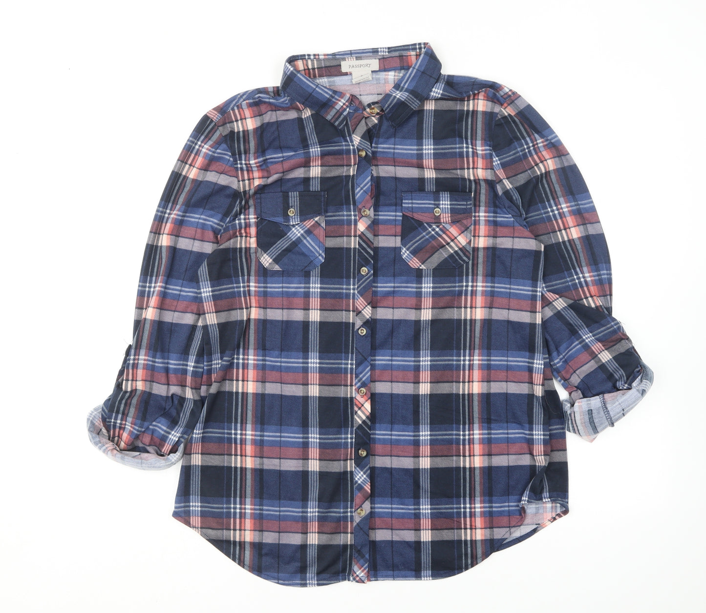 Passport Womens Multicoloured Plaid Polyester Basic Button-Up Size XL Collared