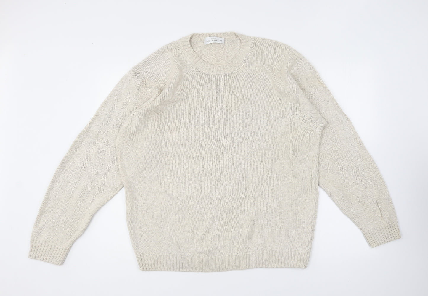 Marks and Spencer Mens Beige Round Neck Cotton Pullover Jumper Size L