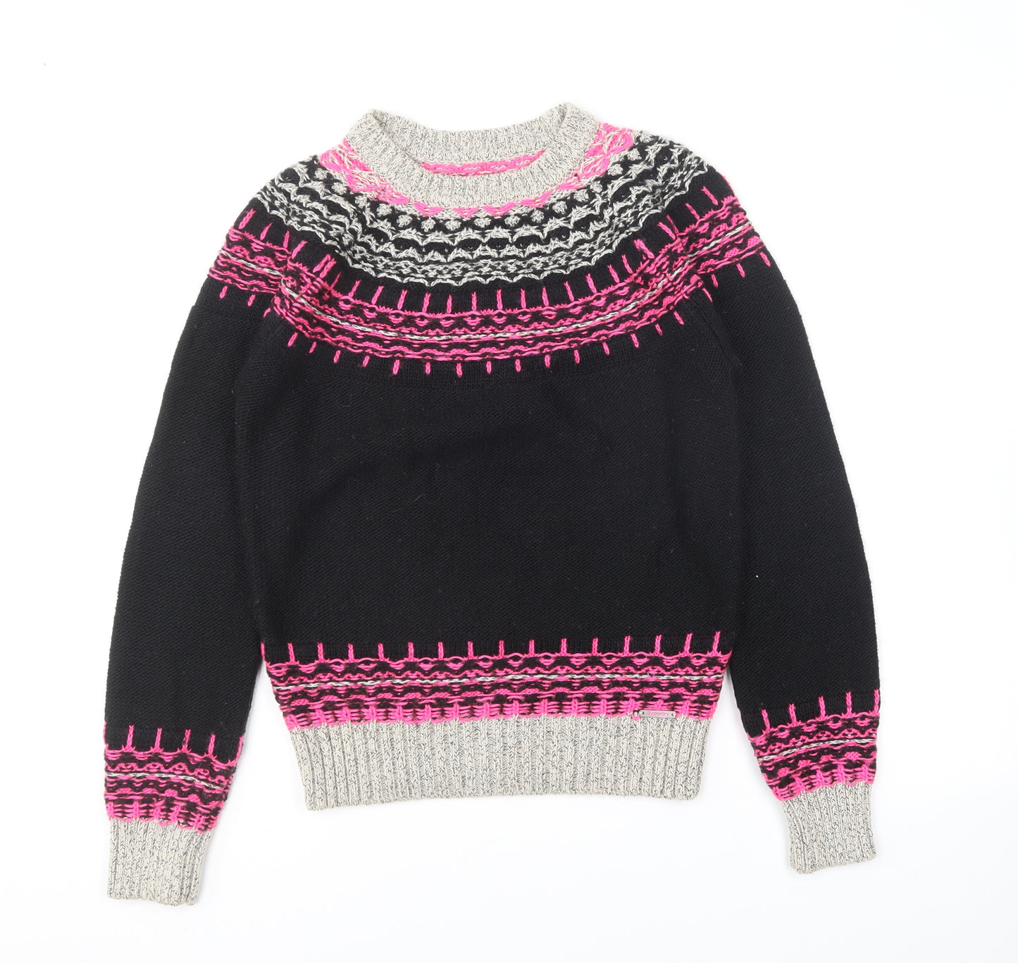 Superdry Womens Black Round Neck Fair Isle Acrylic Pullover Jumper Size S