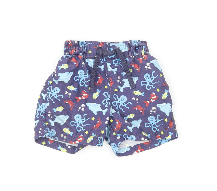 Marks and Spencer Boys Blue Geometric Polyester Cropped Trousers Size 12-18 Months Drawstring - Sea Creature Swim Shorts