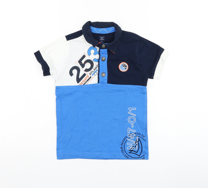 Terre de Marins Boys Blue Colourblock Cotton Basic Polo Size 5 Years Collared Button
