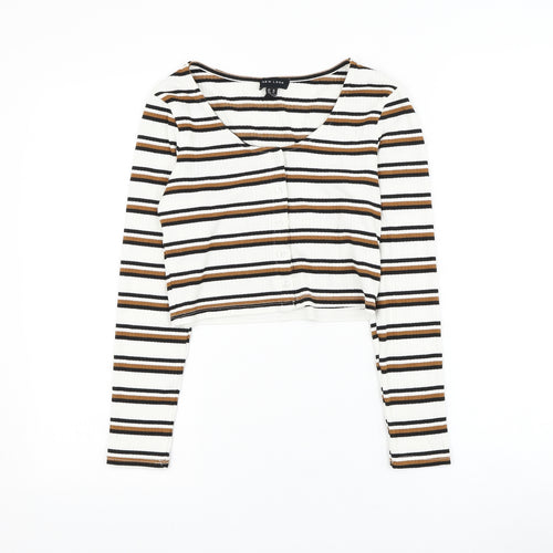 New Look Womens White Round Neck Striped Viscose Cardigan Jumper Size 10