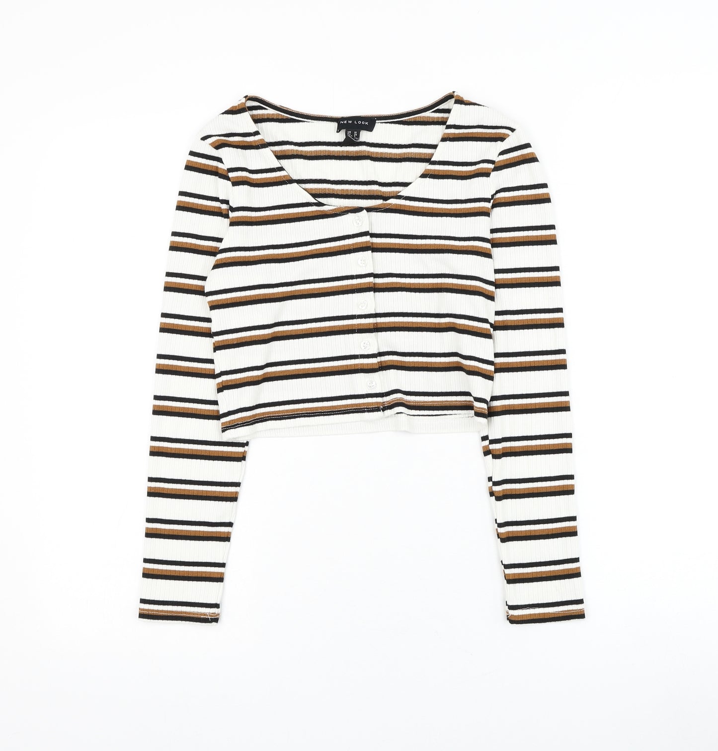 New Look Womens White Round Neck Striped Viscose Cardigan Jumper Size 10