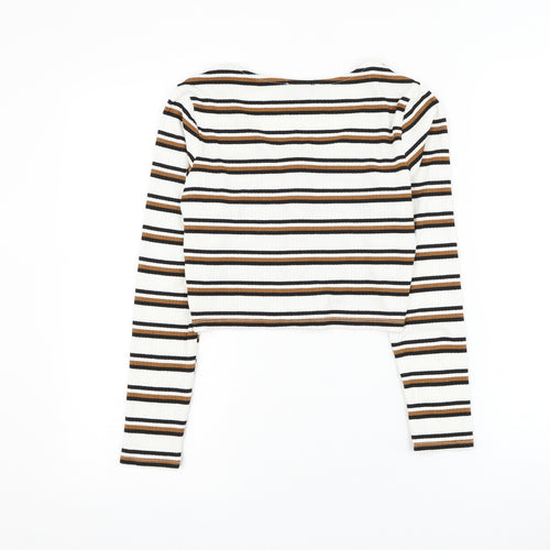 New Look Womens White Round Neck Striped Viscose Cardigan Jumper Size 10