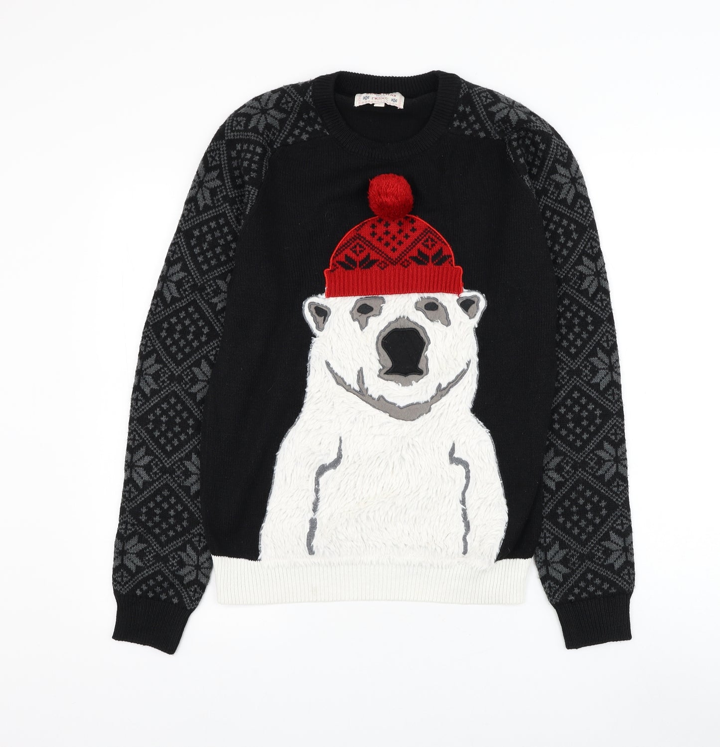 NEXT Mens Black Round Neck Geometric Acrylic Pullover Jumper Size S - Christmas Polar Bear