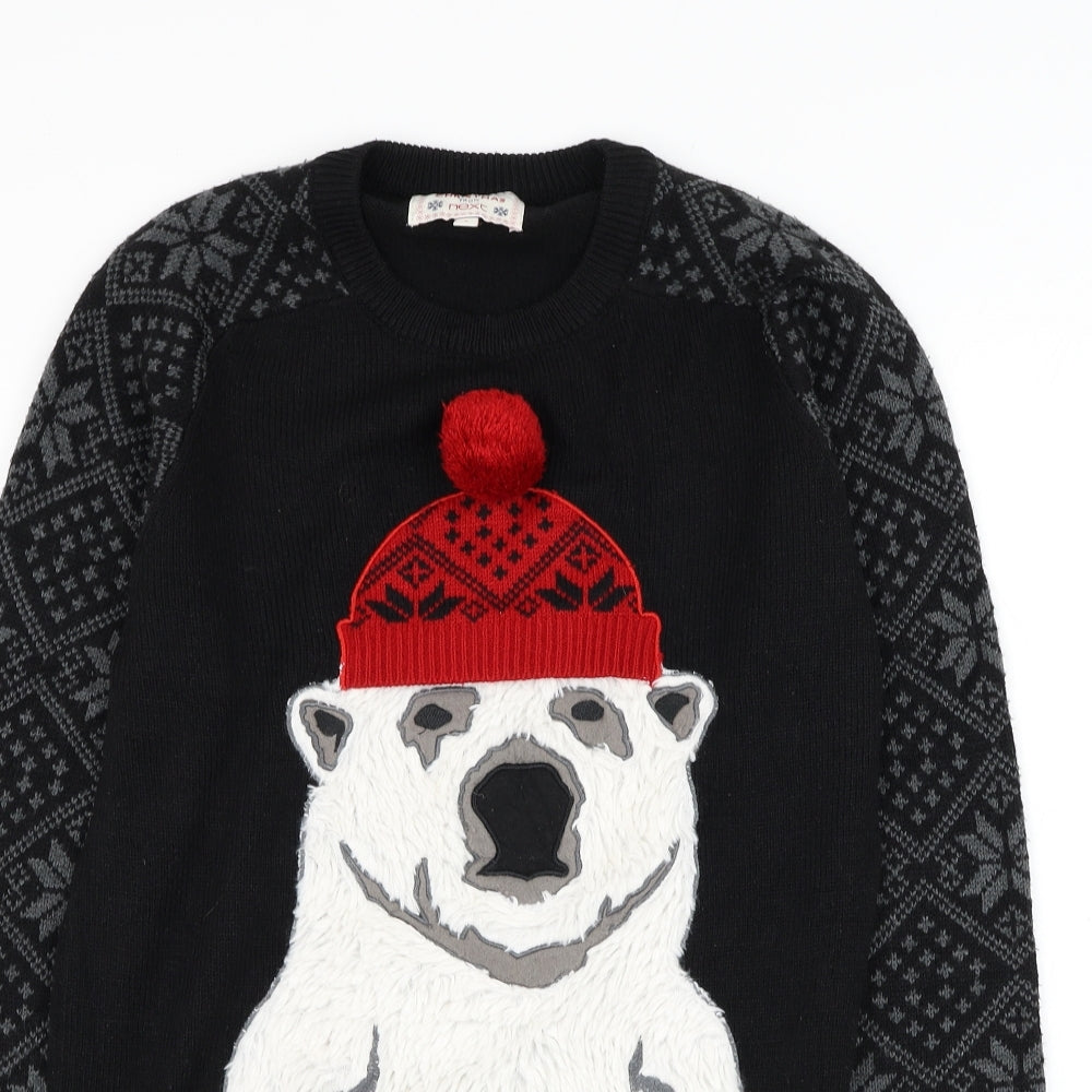 NEXT Mens Black Round Neck Geometric Acrylic Pullover Jumper Size S - Christmas Polar Bear