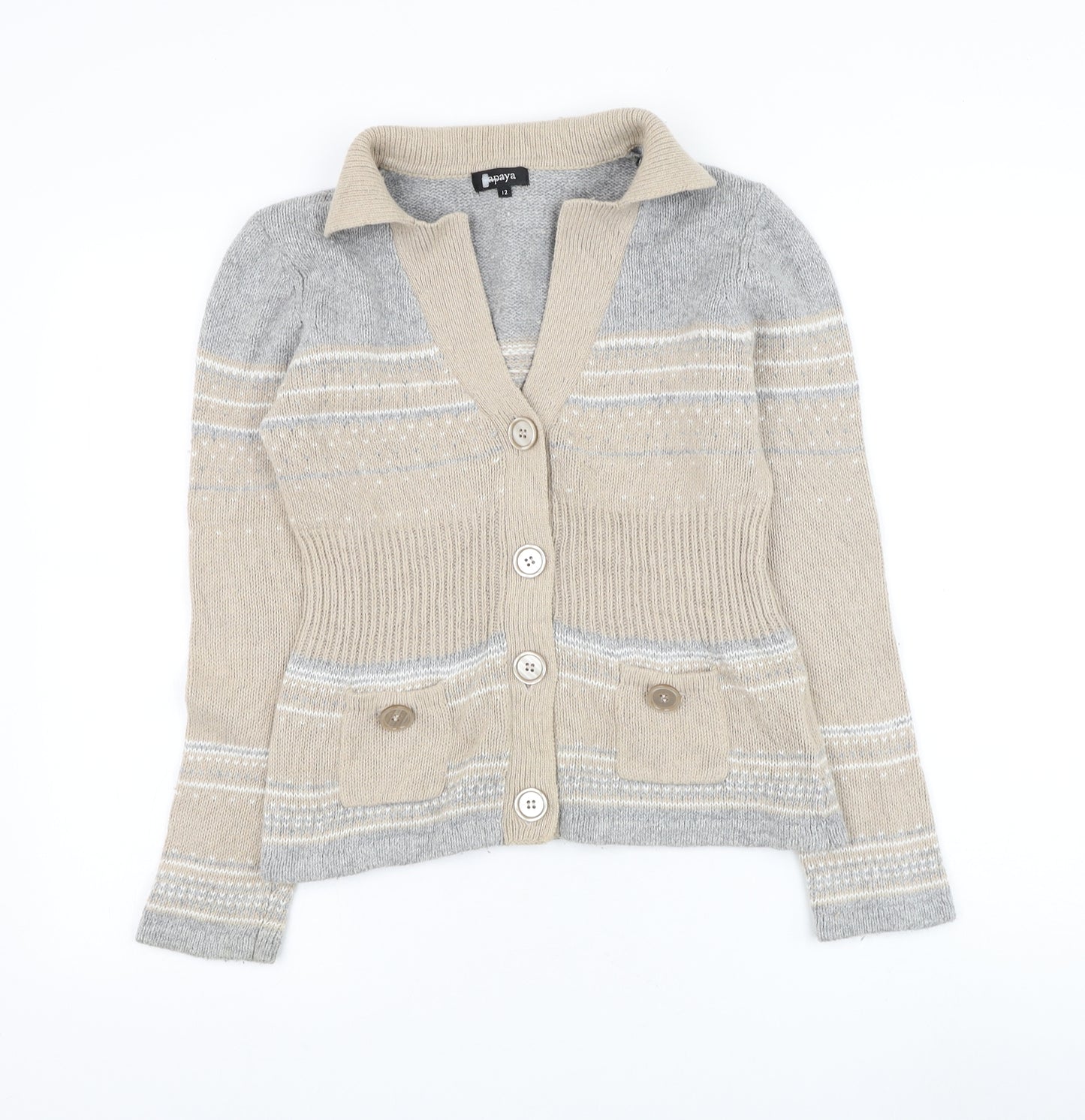 Papaya Womens Beige Collared Geometric Cotton Cardigan Jumper Size 12