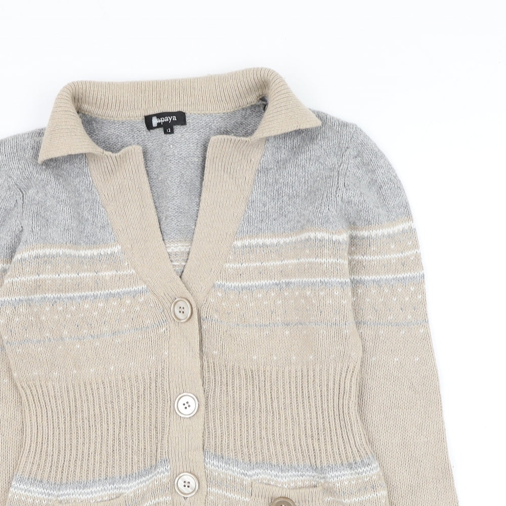 Papaya Womens Beige Collared Geometric Cotton Cardigan Jumper Size 12