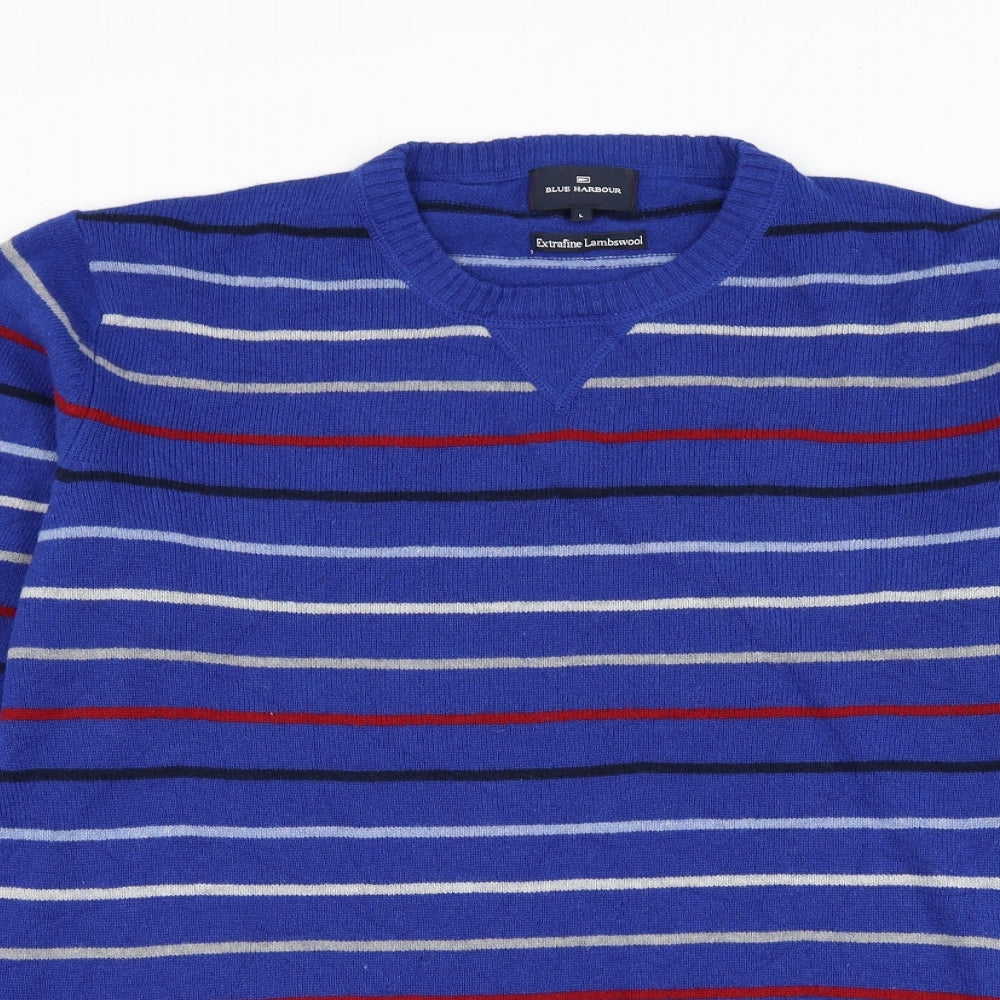 Blue Harbour Mens Blue Round Neck Striped Wool Pullover Jumper Size L