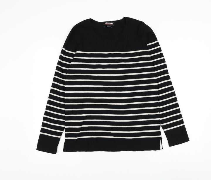 Kirkland Signature Womens Black Round Neck Striped Viscose Pullover Jumper Size L