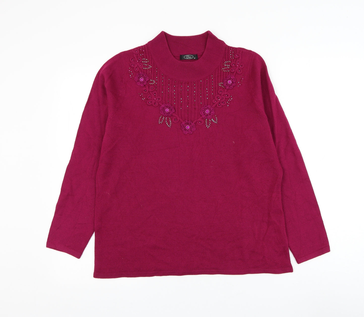 Bonmarché Womens Pink Round Neck Acrylic Pullover Jumper Size M - Flower