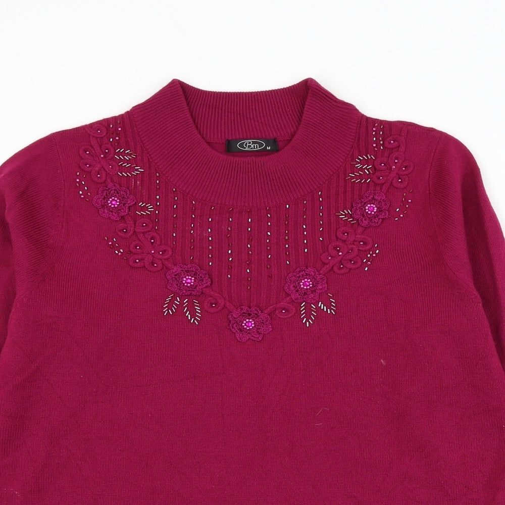 Bonmarché Womens Pink Round Neck Acrylic Pullover Jumper Size M - Flower