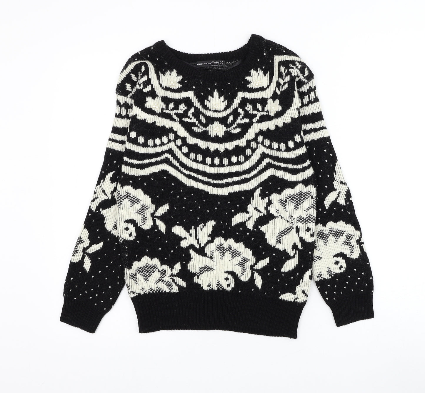 Atmosphere Womens Black Round Neck Geometric Acrylic Pullover Jumper Size 6