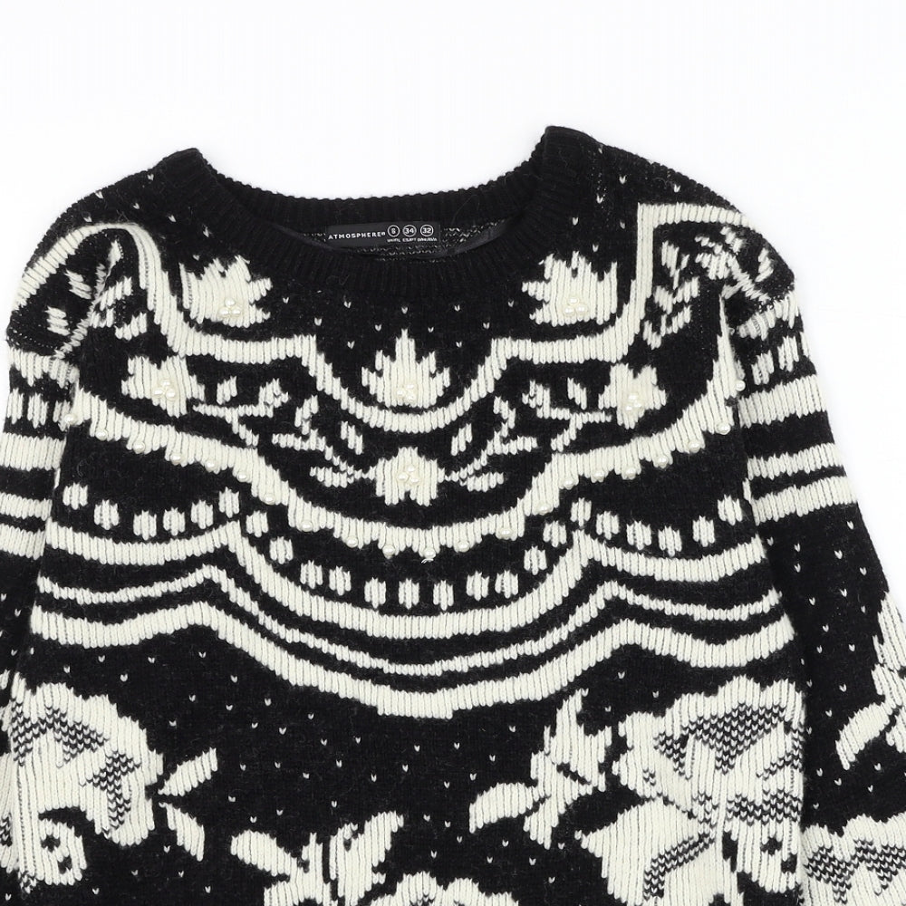 Atmosphere Womens Black Round Neck Geometric Acrylic Pullover Jumper Size 6