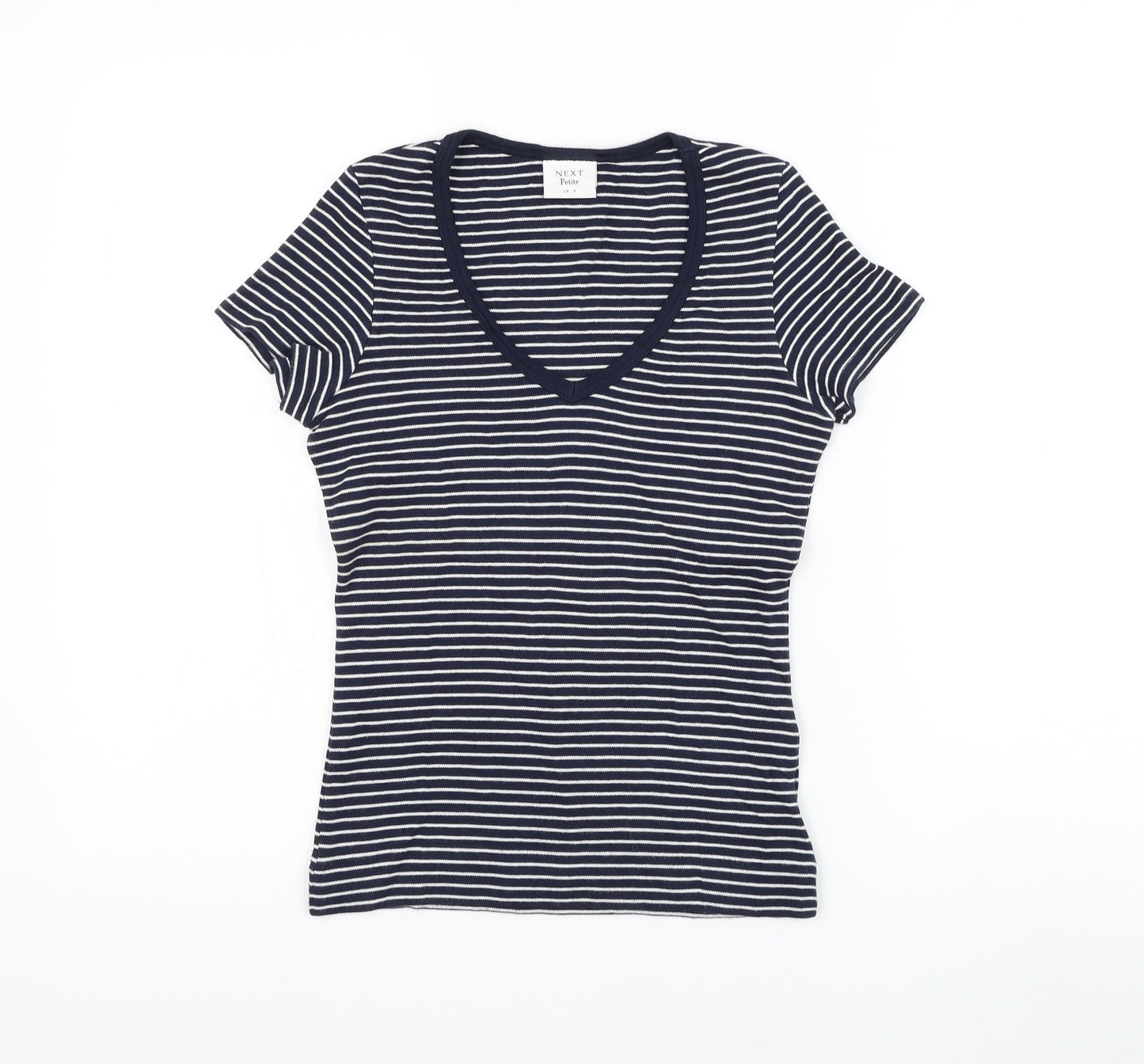 NEXT Womens Blue Striped Cotton Basic T-Shirt Size 8 V-Neck