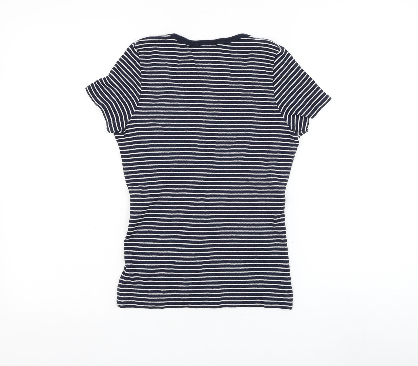 NEXT Womens Blue Striped Cotton Basic T-Shirt Size 8 V-Neck