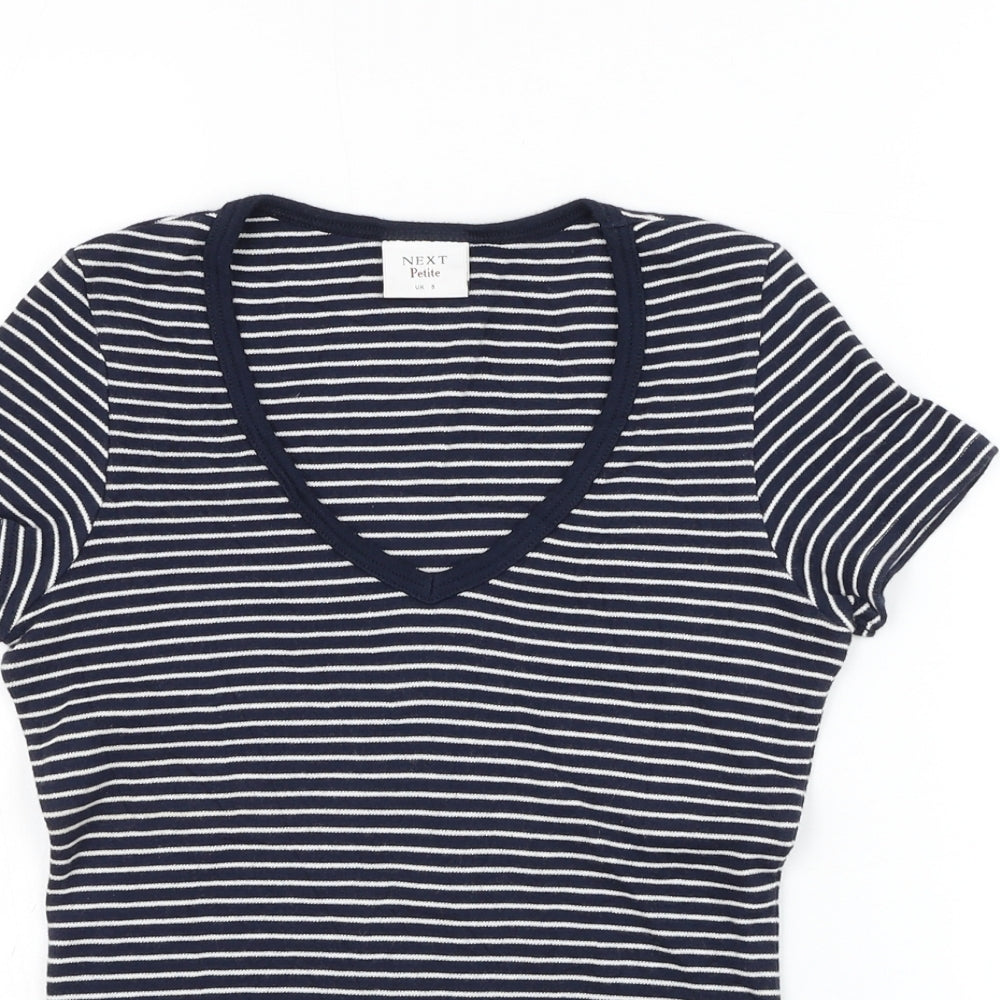 NEXT Womens Blue Striped Cotton Basic T-Shirt Size 8 V-Neck