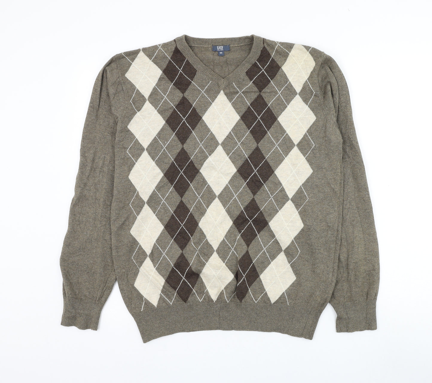 Matalan Mens Brown V-Neck Argyle/Diamond Cotton Pullover Jumper Size M