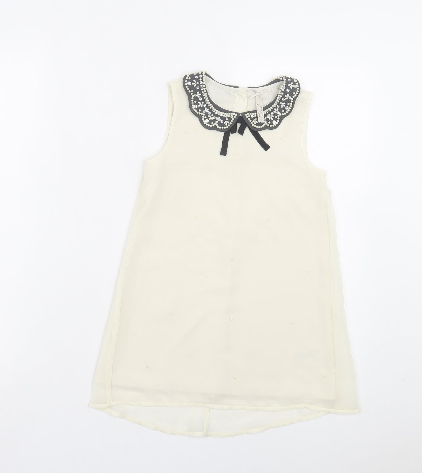 NEXT Girls Ivory Polyester A-Line Size 7 Years Collared Button - Beaded Collar