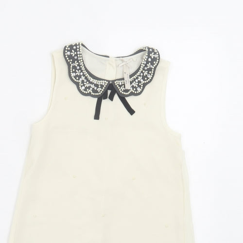 NEXT Girls Ivory Polyester A-Line Size 7 Years Collared Button - Beaded Collar