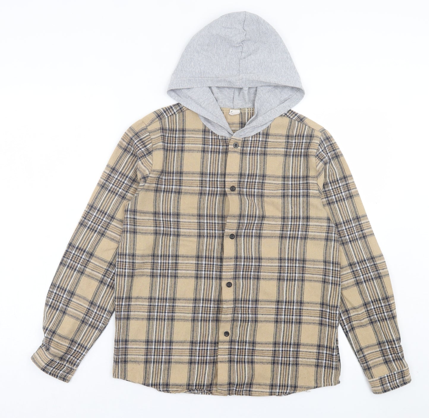 SheIn Boys Brown Plaid Cotton Basic Button-Up Size 13-14 Years Crew Neck Button - Hooded