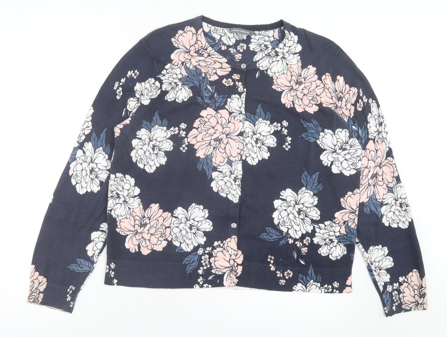 Laura Ashley Womens Blue Crew Neck Floral Cotton Cardigan Jumper Size 18 - Pink & White Flowers