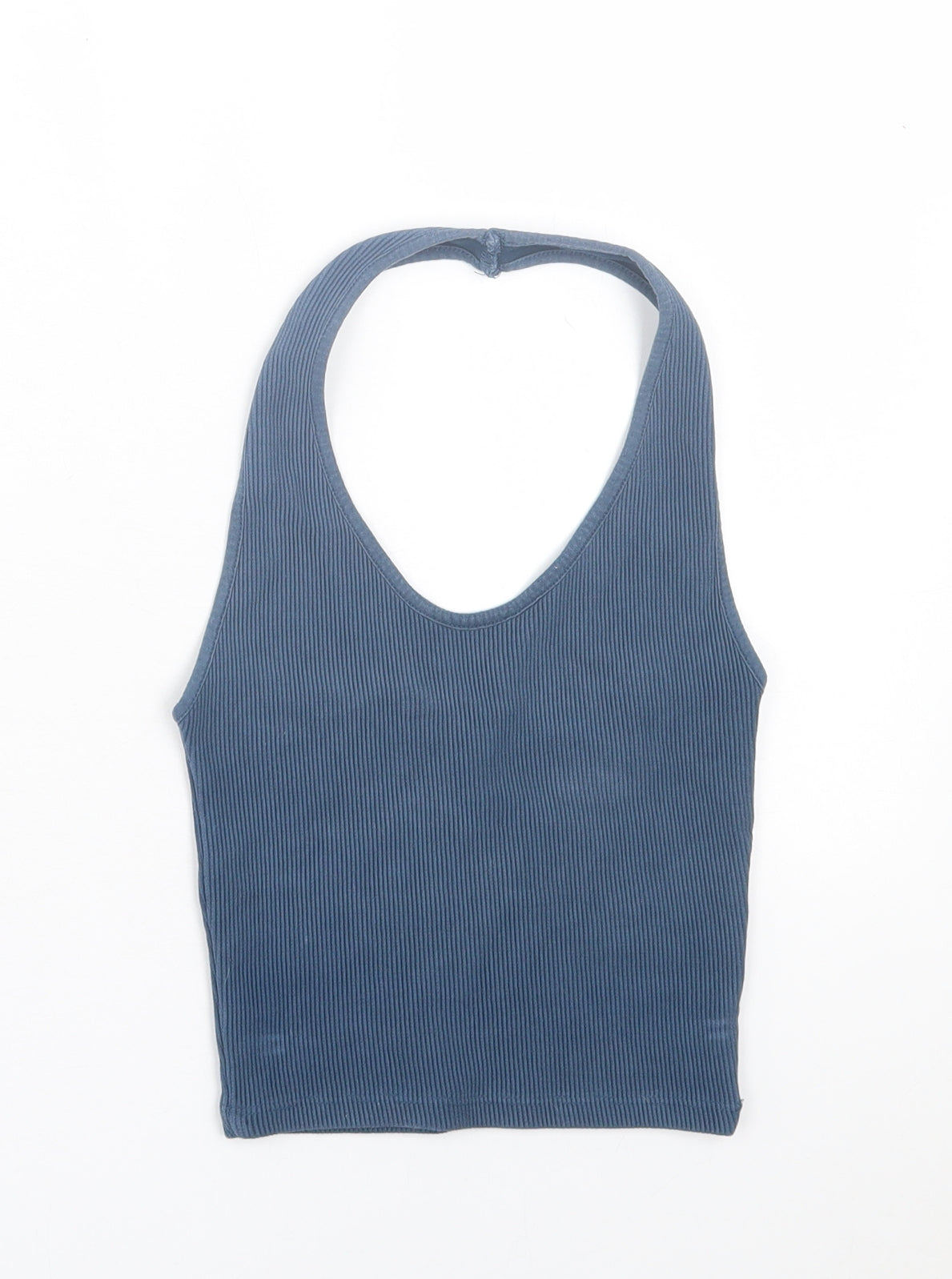 Topshop Womens Blue Cotton Cropped Tank Size 6 Halter - Ribbed Fabric