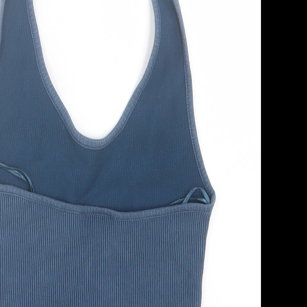 Topshop Womens Blue Cotton Cropped Tank Size 6 Halter - Ribbed Fabric