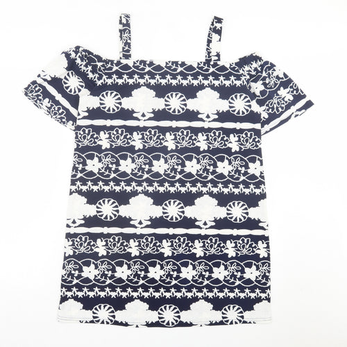 Quiz Womens Blue Floral Polyester A-Line Size M Square Neck Pullover - Cold Shoulder