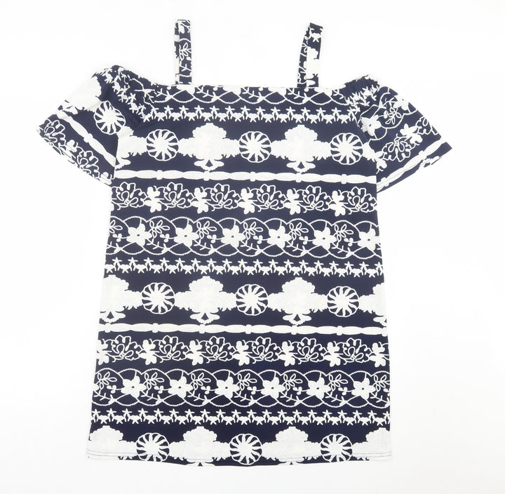 Quiz Womens Blue Floral Polyester A-Line Size M Square Neck Pullover - Cold Shoulder