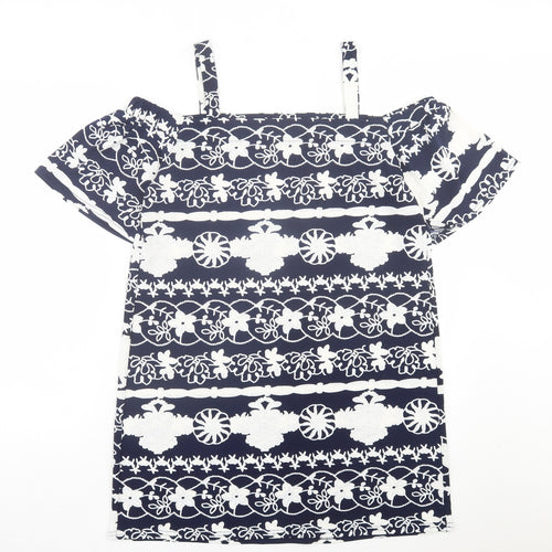 Quiz Womens Blue Floral Polyester A-Line Size M Square Neck Pullover - Cold Shoulder