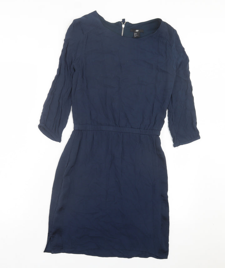 H&M Womens Blue Polyester A-Line Size 4 Crew Neck Zip - Elastic Waist