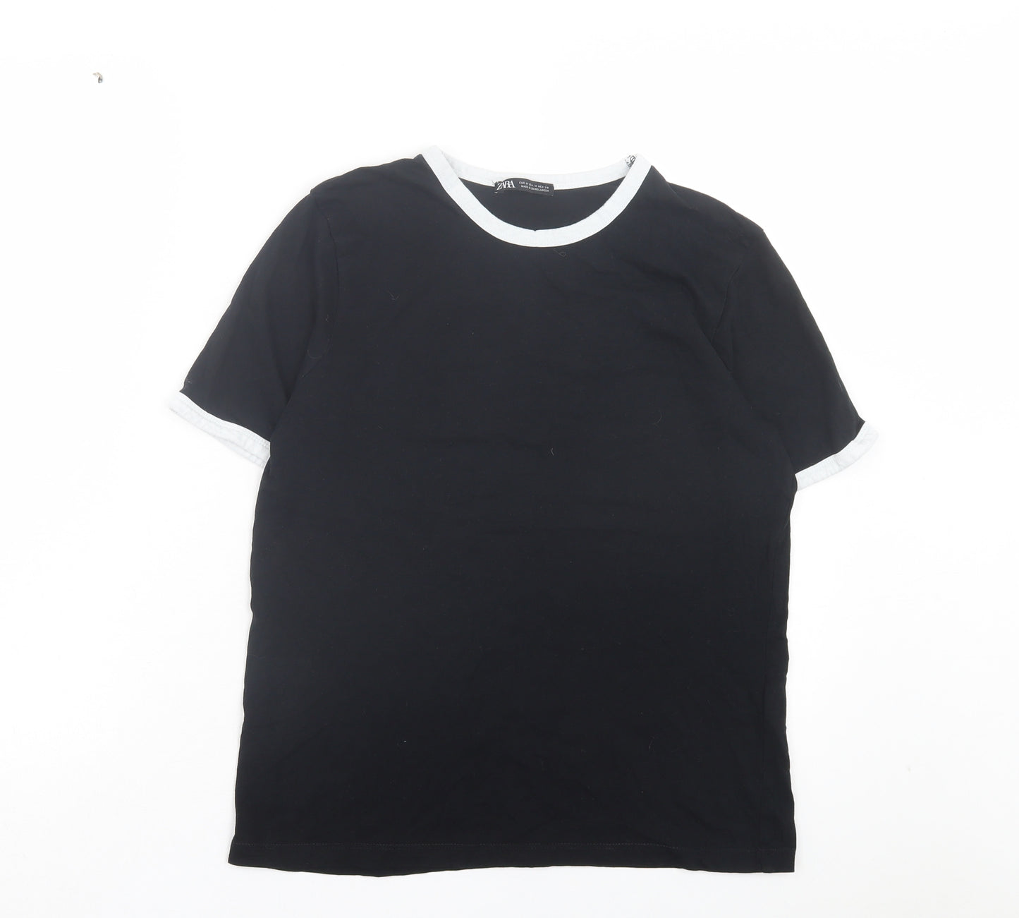 Zara Womens Black Cotton Basic T-Shirt Size M Crew Neck - White Trim