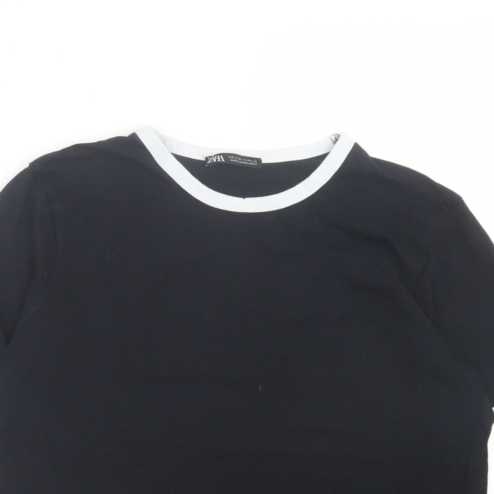 Zara Womens Black Cotton Basic T-Shirt Size M Crew Neck - White Trim