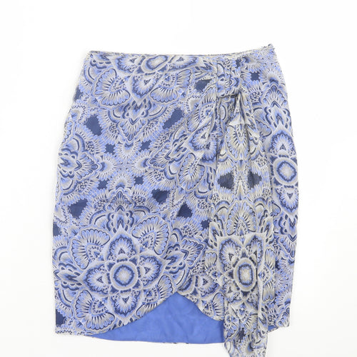 Mango Womens Blue Paisley Polyester A-Line Skirt Size 6 Zip - Tie Front