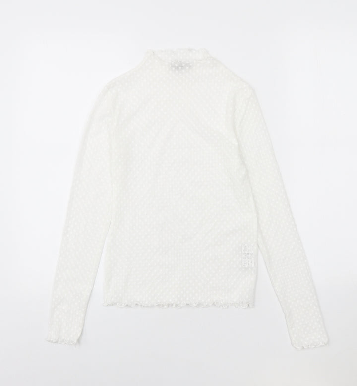 Stradivarius Womens White Polka Dot Polyester Basic T-Shirt Size S High Neck - Scalloped Edging