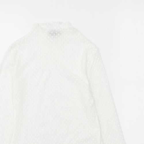Stradivarius Womens White Polka Dot Polyester Basic T-Shirt Size S High Neck - Scalloped Edging
