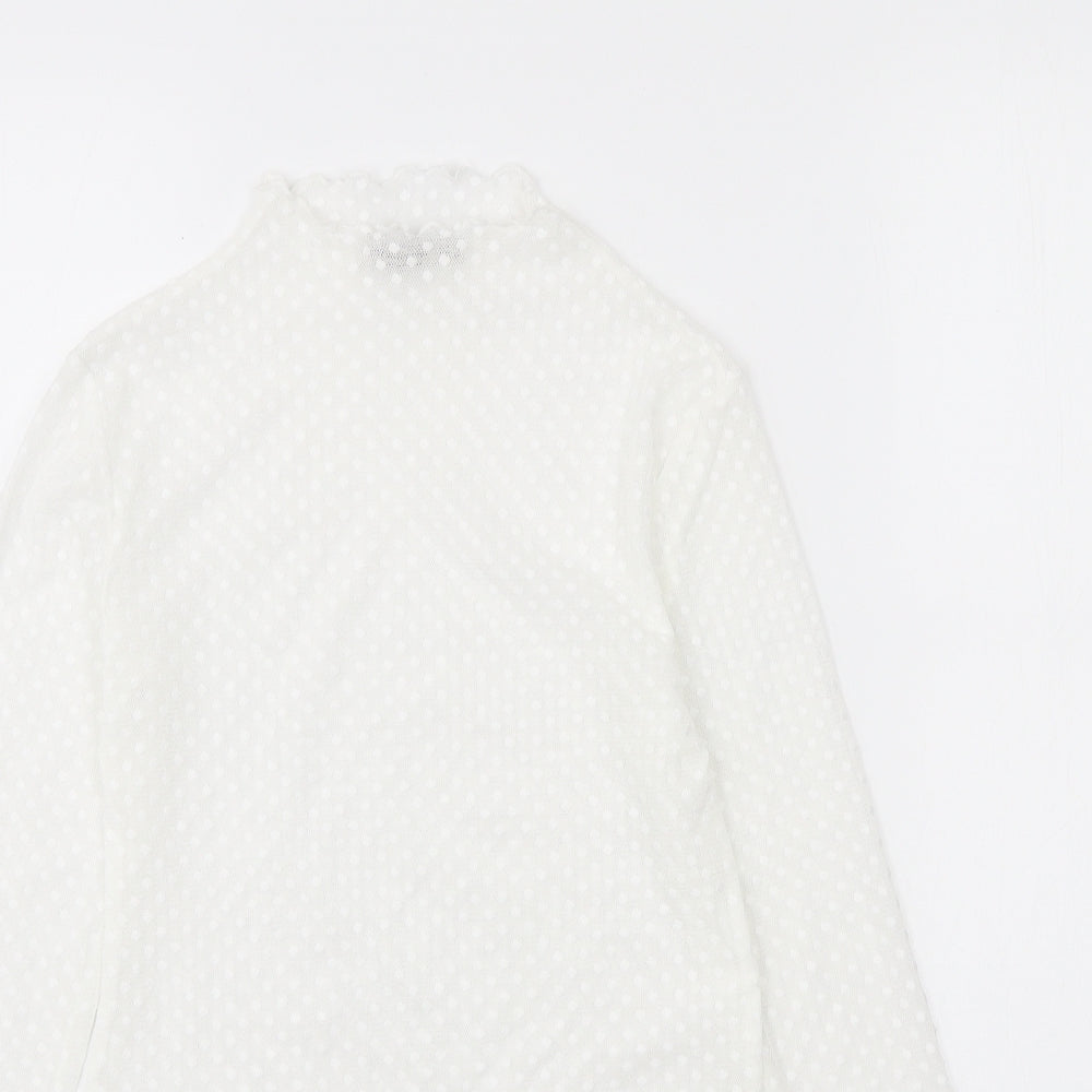 Stradivarius Womens White Polka Dot Polyester Basic T-Shirt Size S High Neck - Scalloped Edging