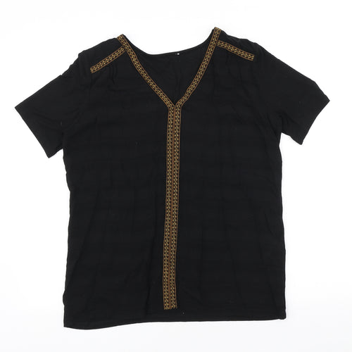 Buur Womens Black Geometric Viscose Basic T-Shirt Size L V-Neck