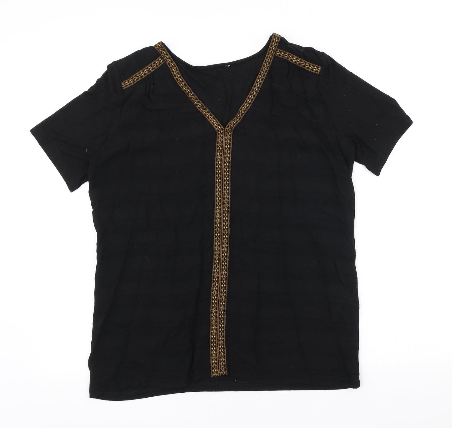 Buur Womens Black Geometric Viscose Basic T-Shirt Size L V-Neck
