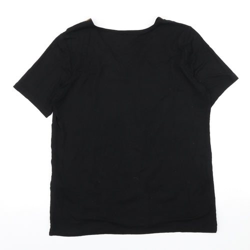 Buur Womens Black Geometric Viscose Basic T-Shirt Size L V-Neck