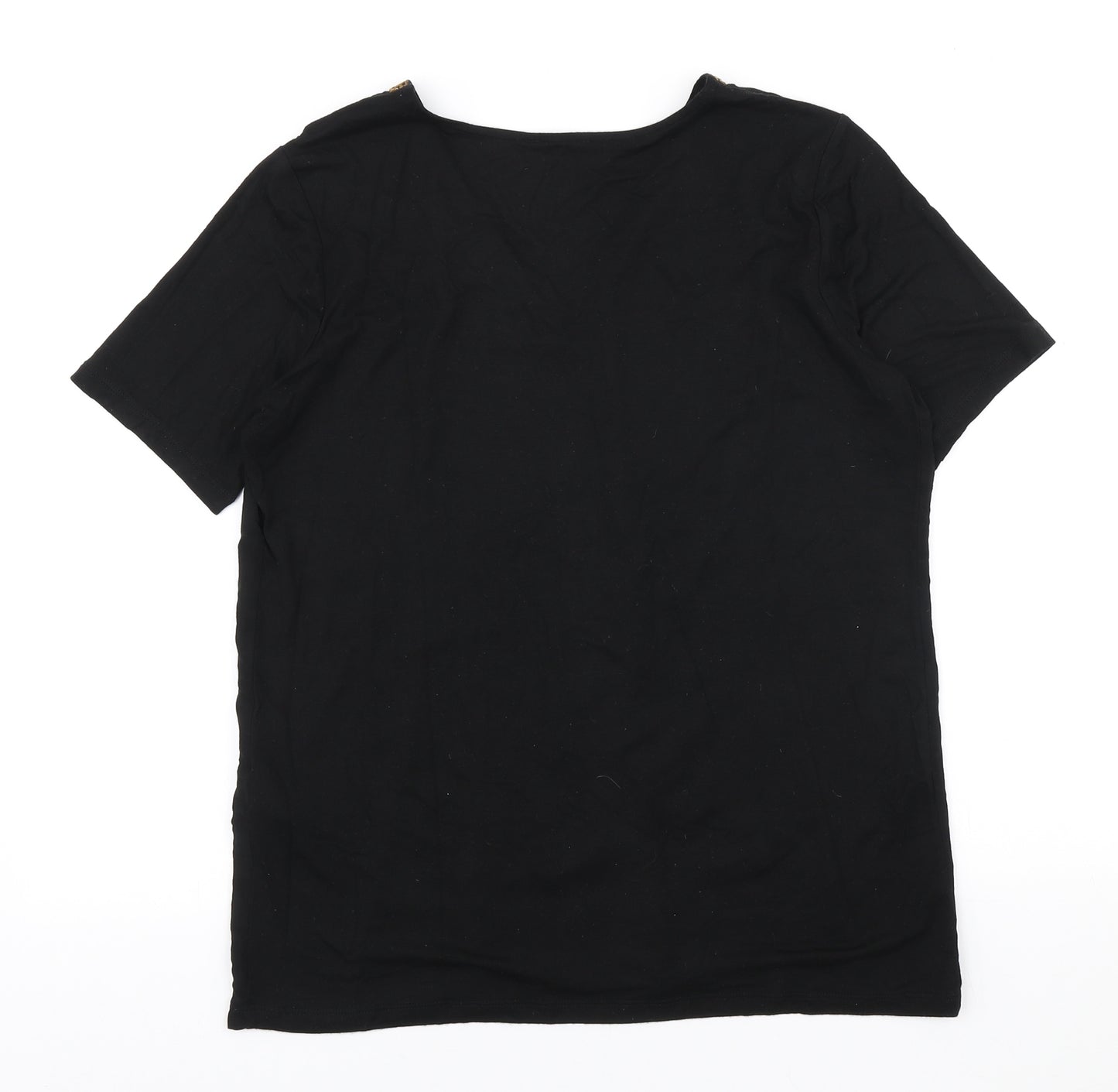 Buur Womens Black Geometric Viscose Basic T-Shirt Size L V-Neck