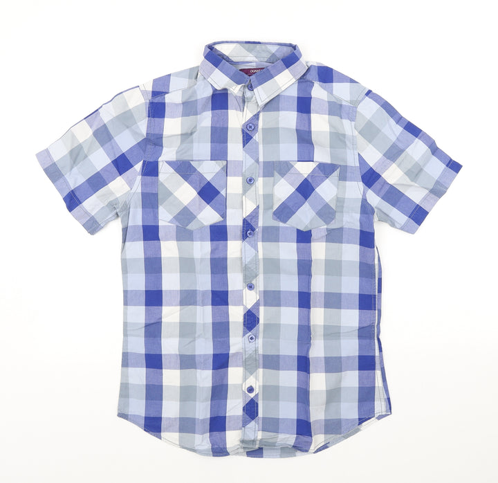 Dunnes Stores Mens Blue Plaid Cotton Button-Up Size S Collared Button