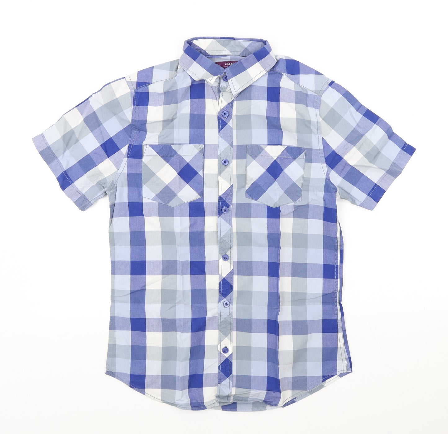 Dunnes Stores Mens Blue Plaid Cotton Button-Up Size S Collared Button