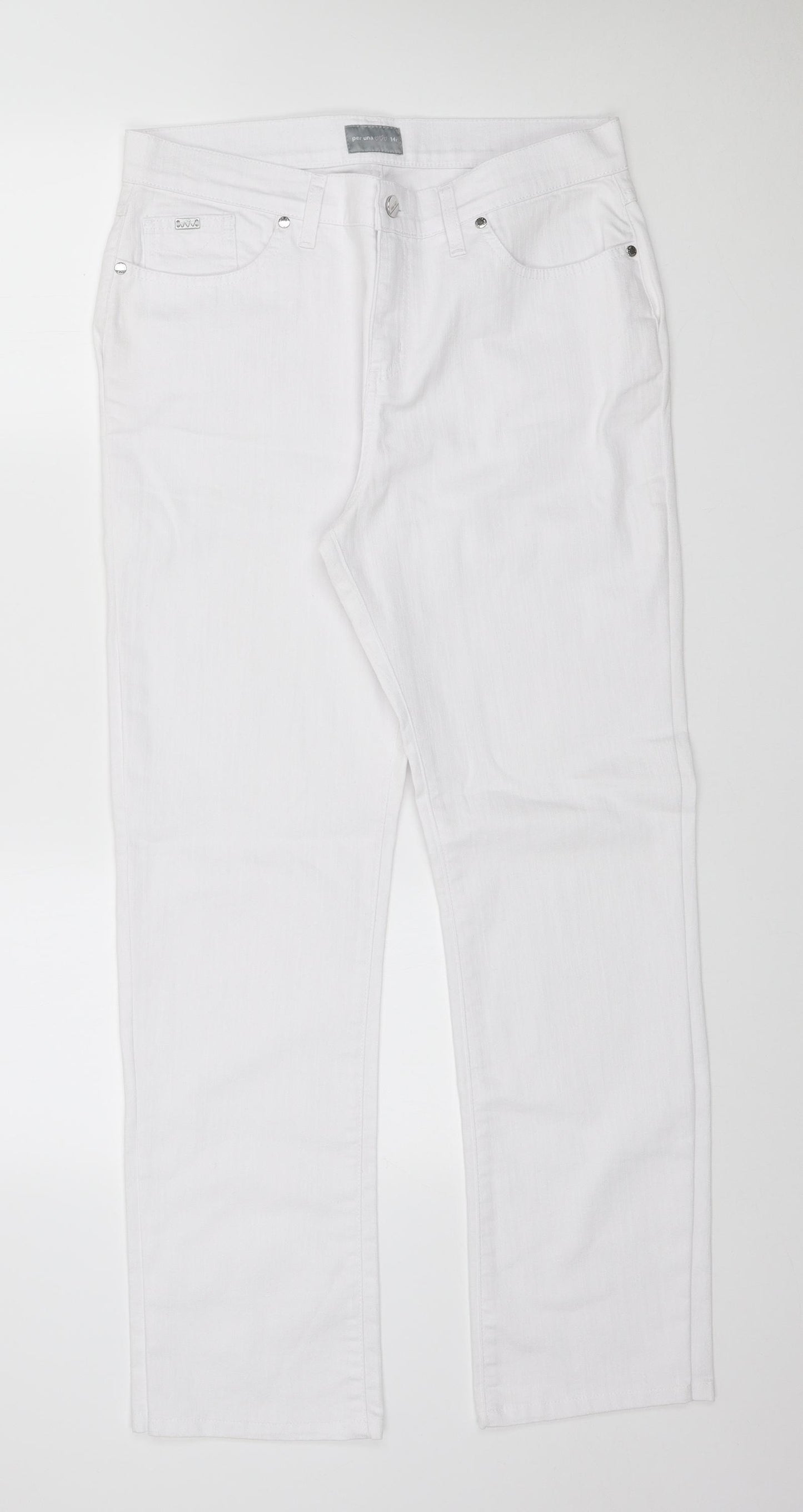 Per Una Womens White Cotton Straight Jeans Size 14 L29 in Regular Button