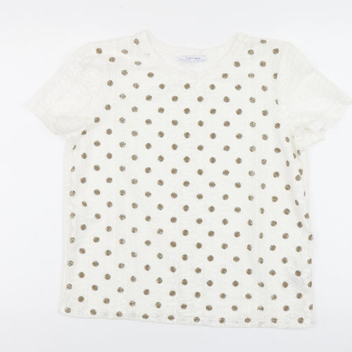 Zara Womens White Polka Dot Polyester Basic Polo Size L Round Neck